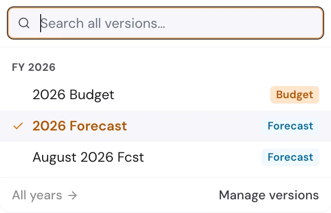 Version menu for FY 2026: 2026 Budget, 2026 Forecast and the August 2026 forecast